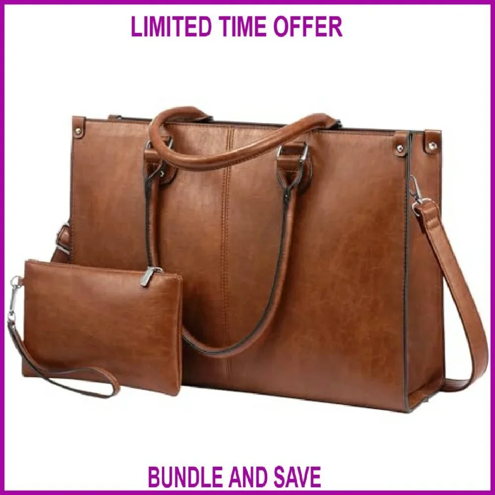 15.6 Inch Laptop Tote Bag, Vintage Vegan Leather, 12 Compartments, Adjustable